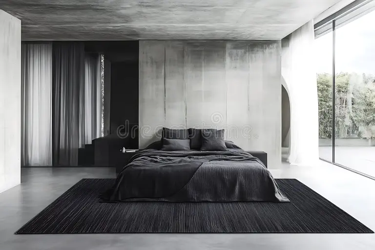 Modern Master Bedroom Design with Raw Concrete Feature Wall