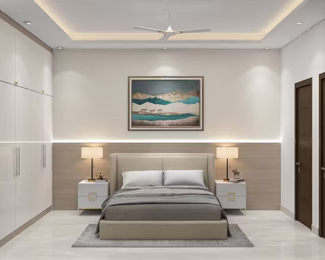 Modern Master Bedroom Design with Beige Walls and Plush Headboard Bed