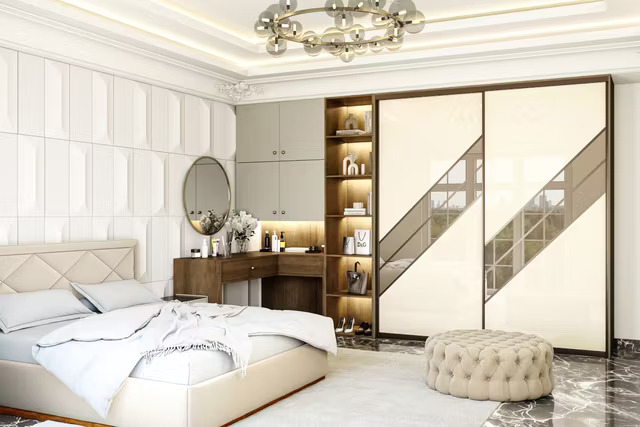 Modern Master Bedroom Design with Diamond Headboard and Reflective Wardrobe Panels