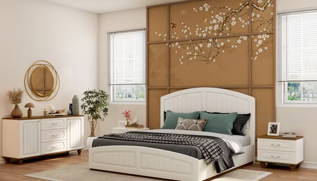 Classic Master Bedroom Design with Arched Bed, Paneled Wall and White Furniture