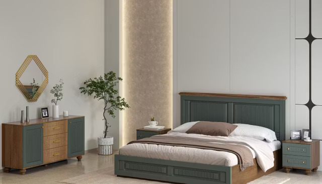 Modern Master Bedroom Design with Dual-Tone Wooden Bed and Panel Wall