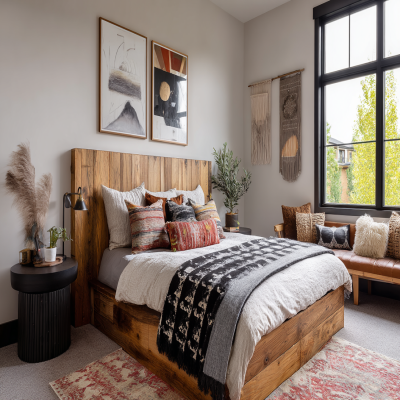 Bohemian Master Bedroom Design with Rustic Wood King Bed and Wooden Jali Panels