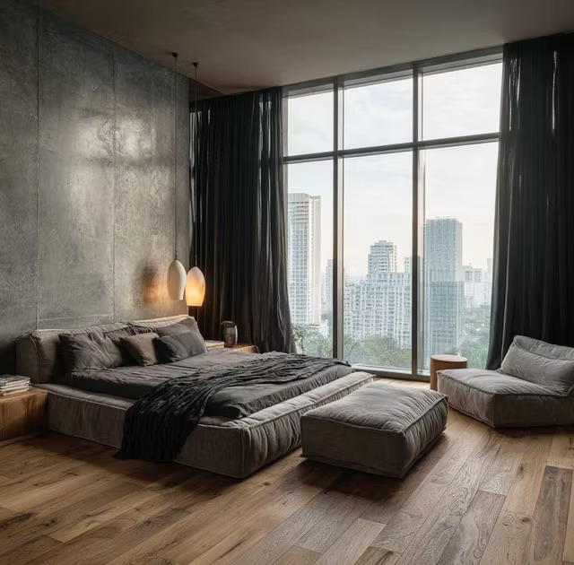 Modern Master Bedroom Design with Concrete Wall and Window Seating