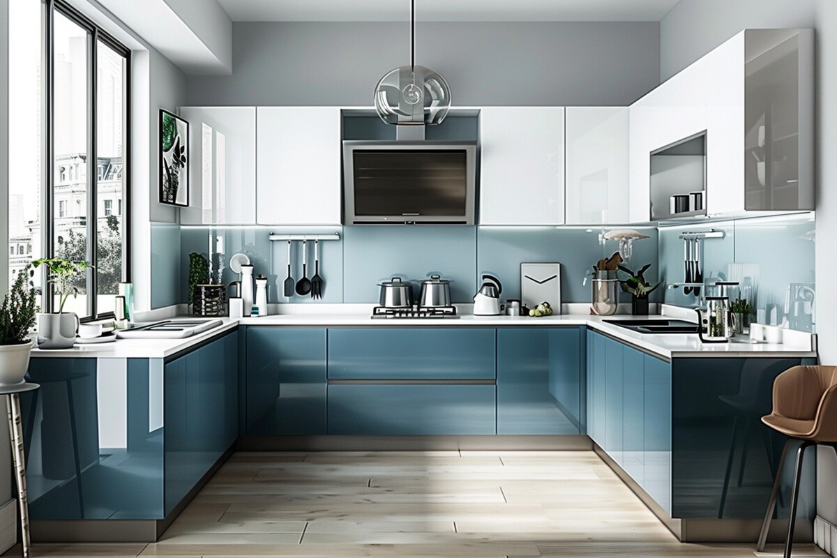 Minimal U Shaped Kitchen Design in Celestial Blue with Granite Countertop