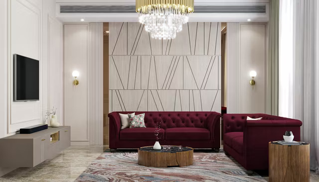 Contemporary Living Room Design with Dark Green Velvet Sofas and Ottomans