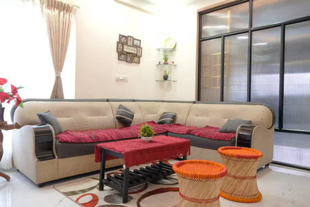 Contemporary Living Room Design With Grey Sofas and Wooden Frame