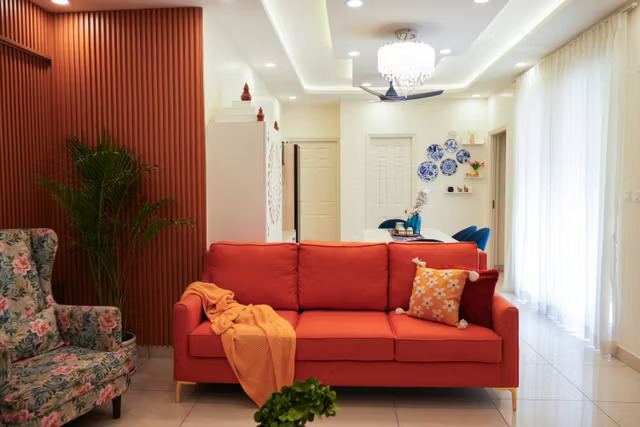 Contemporary Living Room Design With Grey L-Shaped Sofa and Cane Stools