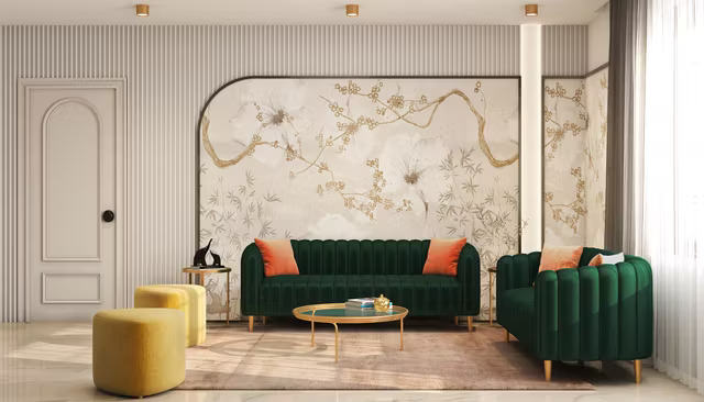 Classic Living Room Design with Floral Sofas and Black Marble Coffee Table