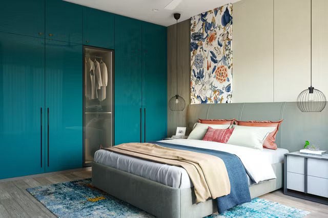 Modern Swing Wardrobe Design Featuring Glossy Grey Shutters and Open Shelves